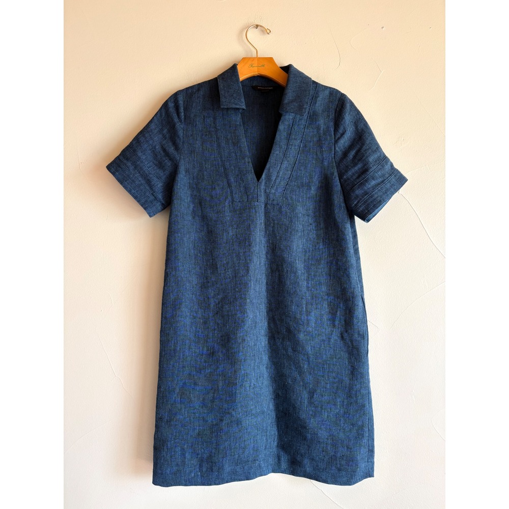 Banana Republic Womens Navy Blue 100% Linen V-Neck Short Sleeve Shift Dress XS